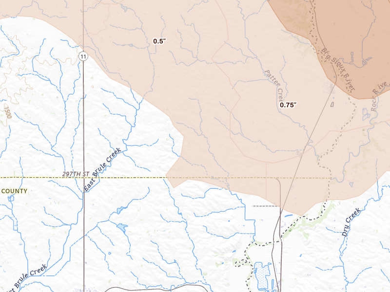 Radar-estimated hail-size map of the storm over Hudson, SD on Jun 27, 2026
