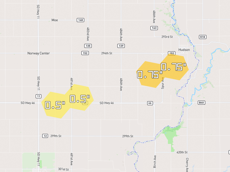 Hail map of Hudson, SD on Jun 28, 2026, hail up to 0.75"