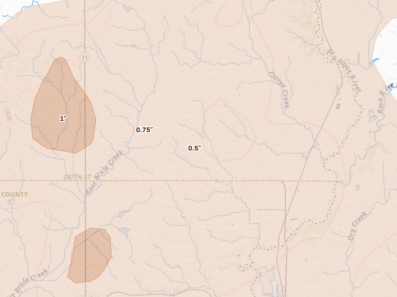 Radar-estimated hail-size map of the storm over Hudson, SD on Jun 29, 2026