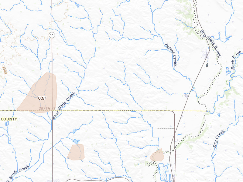 Radar-estimated hail-size map of the storm over Hudson, SD on Jun 30, 2026