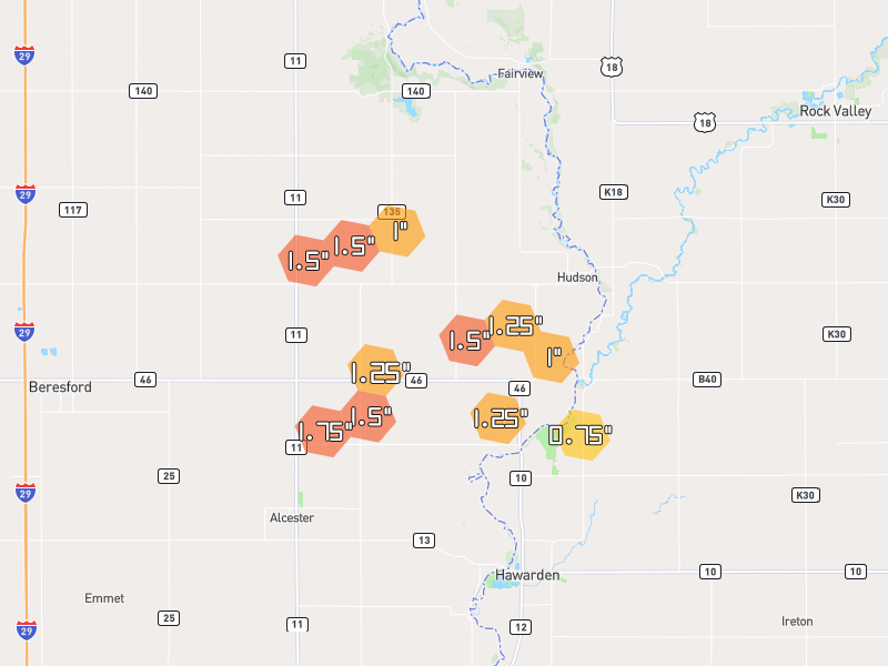 Hail map of Hudson, SD on Jun 30, 2026, hail up to 1.75"