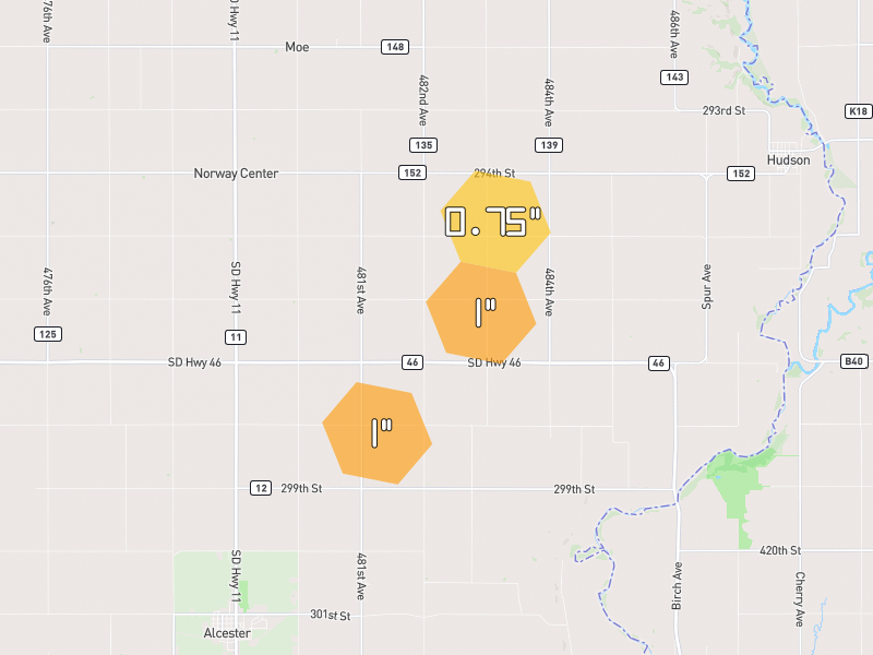 Hail map of Hudson, SD on Jul 1, 2026, hail up to 1"