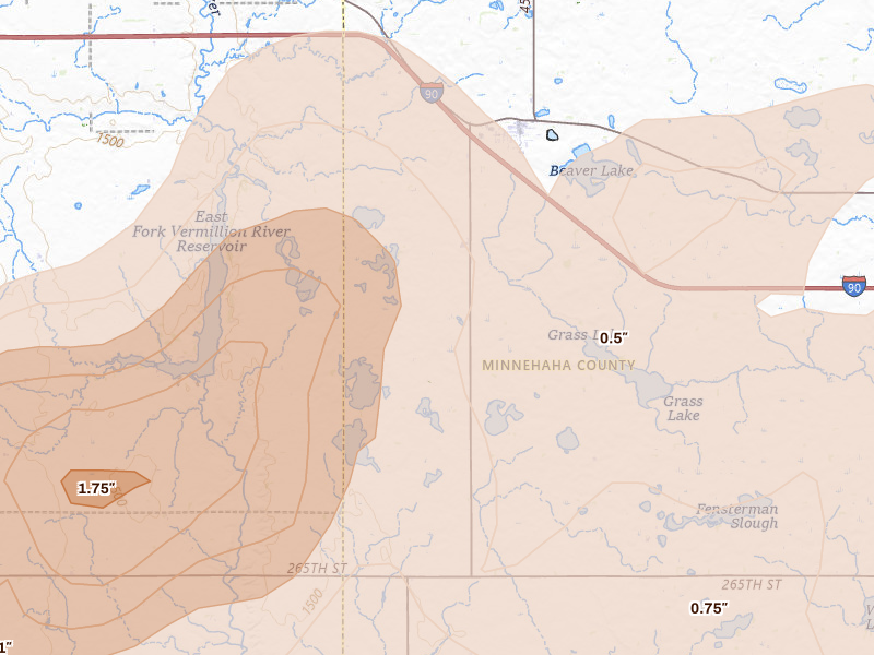Radar-estimated hail-size map of the storm over Humboldt, SD on May 24, 2026