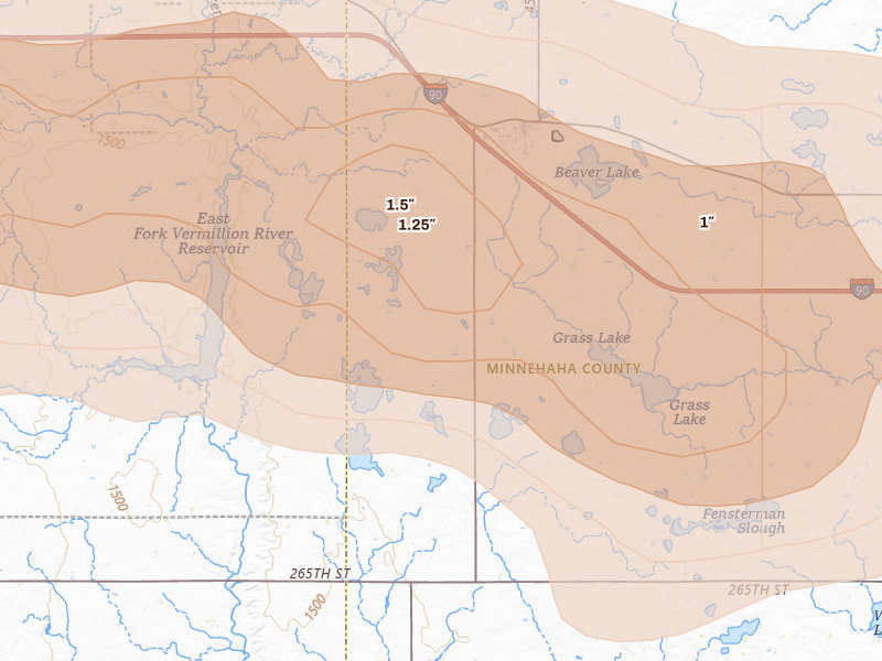 Radar-estimated hail-size map of the storm over Humboldt, SD on May 31, 2026