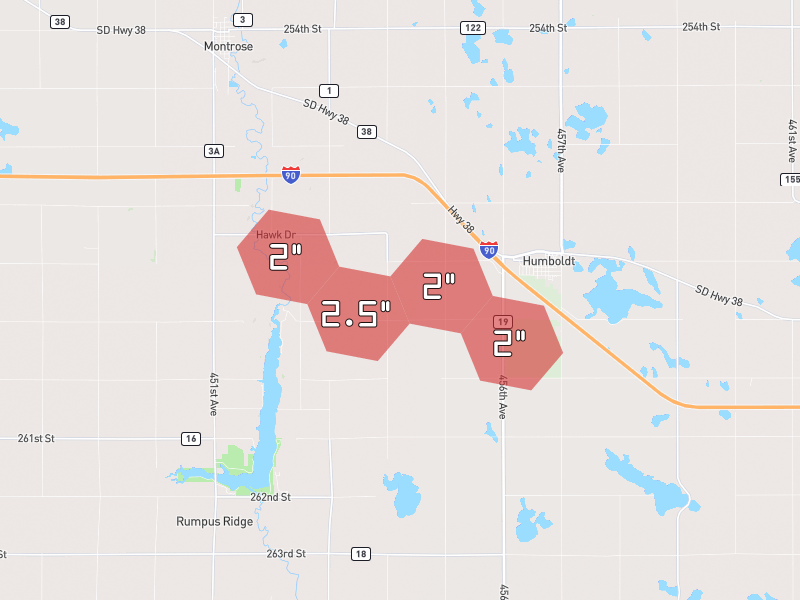 Hail map of Humboldt, SD on Jun 1, 2026, hail up to 2.5"