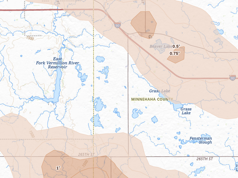Radar-estimated hail-size map of the storm over Humboldt, SD on Aug 20, 2026