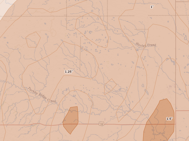 Radar-estimated hail-size map of the storm over Hurley, SD on May 17, 2026