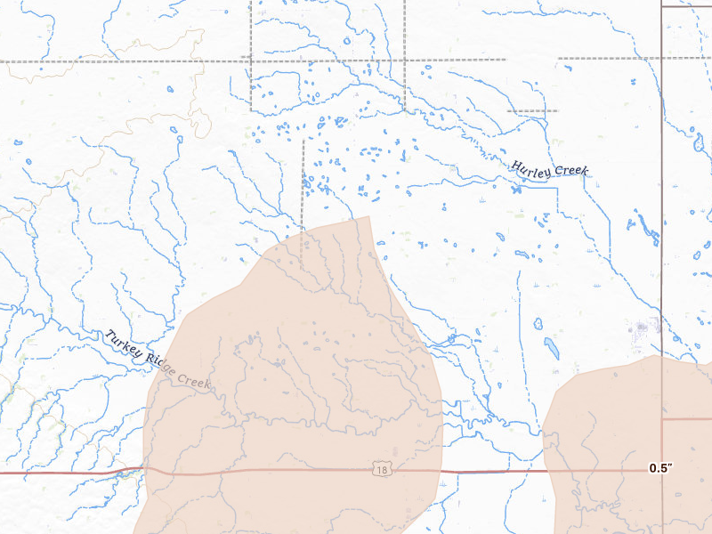 Radar-estimated hail-size map of the storm over Hurley, SD on Jun 27, 2026