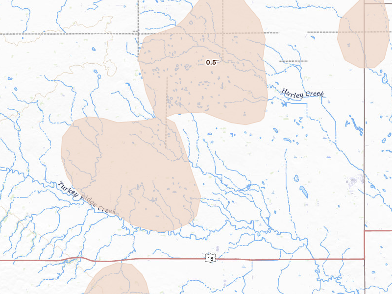 Radar-estimated hail-size map of the storm over Hurley, SD on Jun 30, 2026