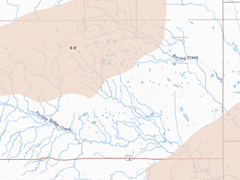 Radar-estimated hail-size map of the storm over Hurley, SD on Jul 25, 2026