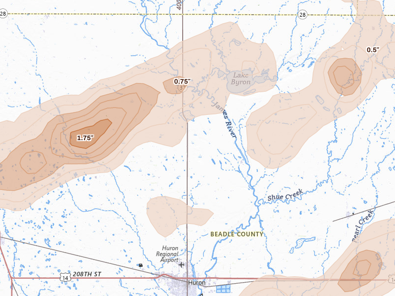 Radar-estimated hail-size map of the storm over Huron, SD on Jun 3, 2026