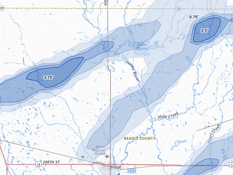NEXRAD radar-signature map of the hail storm over Huron, SD on Jun 3, 2026