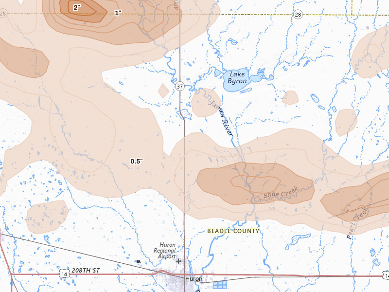 Radar-estimated hail-size map of the storm over Huron, SD on Jun 4, 2026