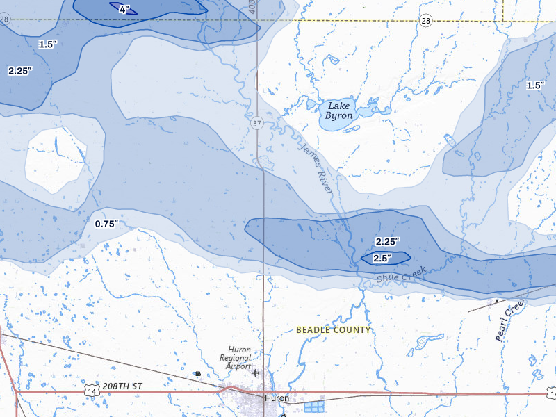 NEXRAD radar-signature map of the hail over Huron, SD