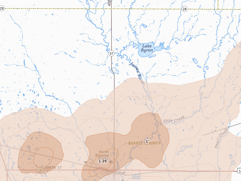 Radar-estimated hail-size map of the storm over Huron, SD on Jul 2, 2026