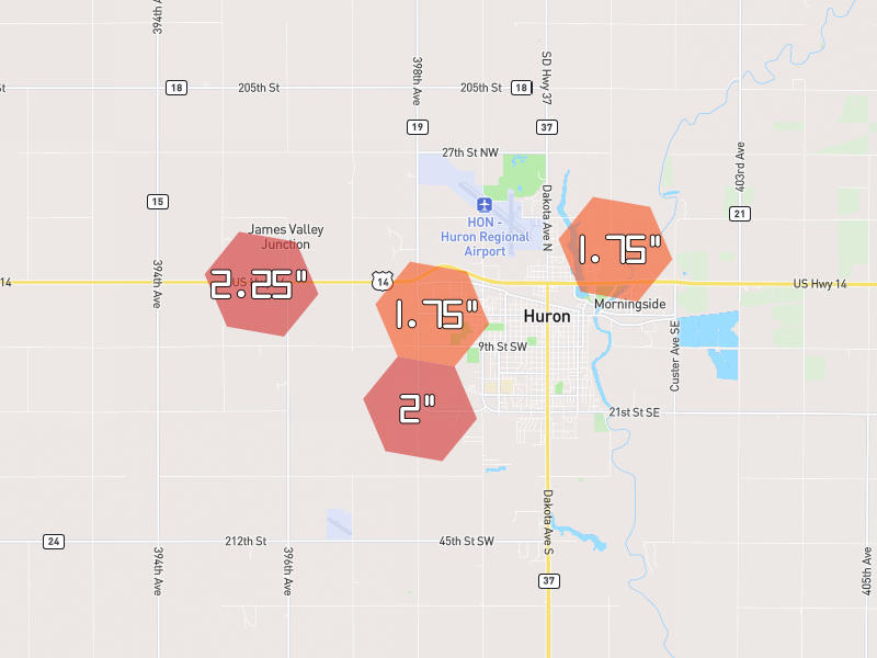 Hail map of Huron, SD on Jul 2, 2026, hail up to 2.25"