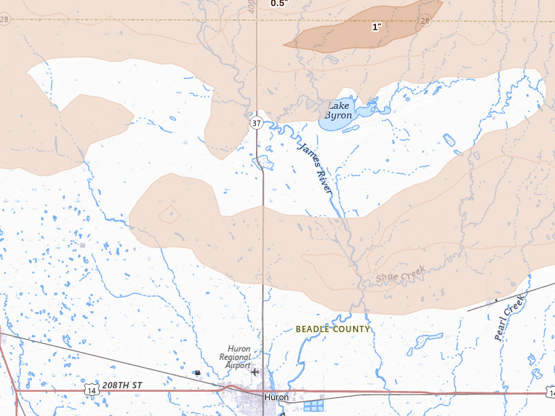 Radar-estimated hail-size map of the storm over Huron, SD on Aug 28, 2026