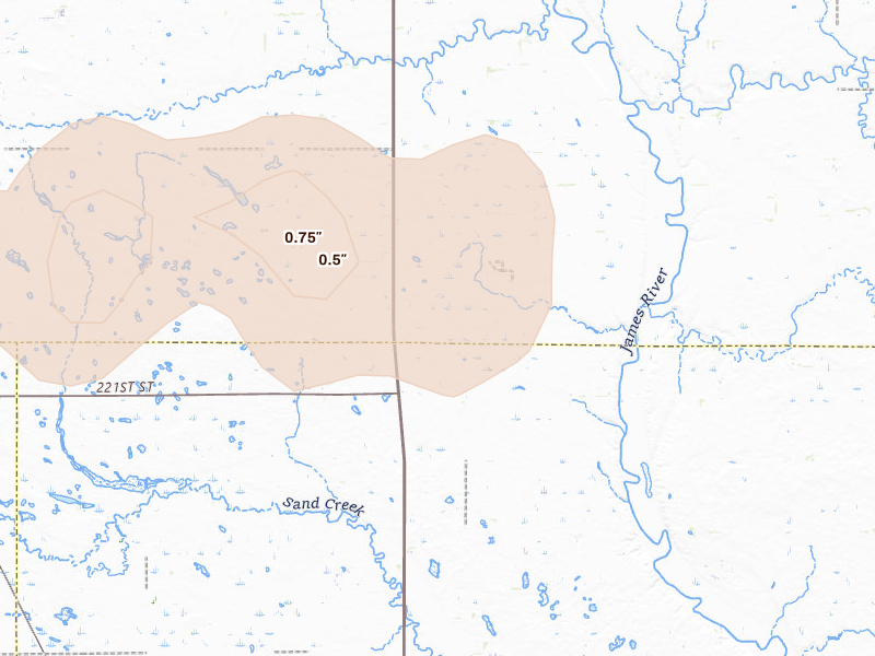Radar-estimated hail-size map of the storm over Huron, SD on Sep 1, 2026