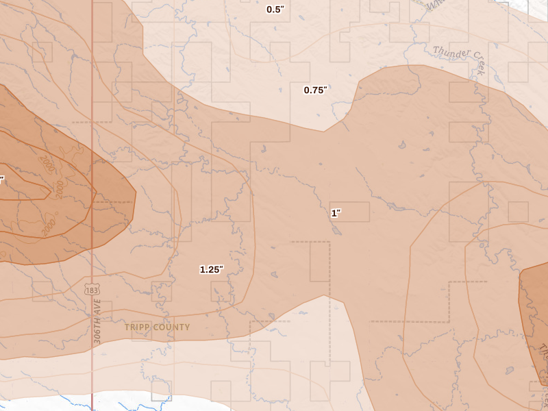 Radar-estimated hail-size map of the storm over Ideal, SD on Jun 3, 2026