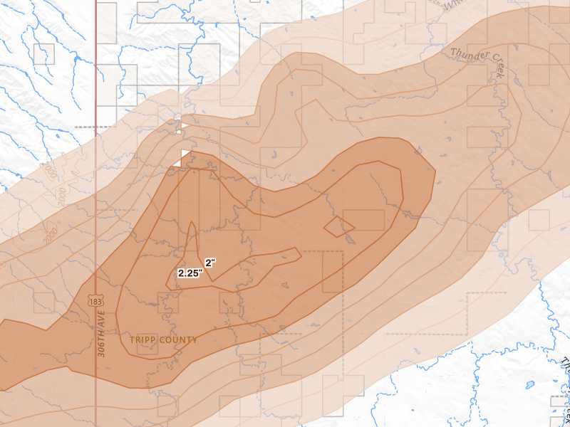 Radar-estimated hail-size map of the storm over Ideal, SD on Jun 4, 2026