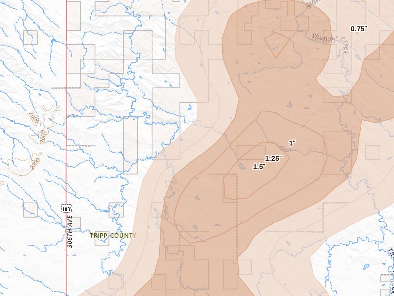 Radar-estimated hail-size map of the storm over Ideal, SD on Jul 6, 2026
