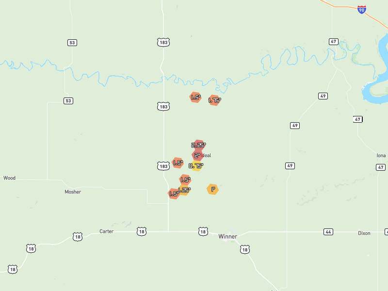 Hail map of Ideal, SD on Jul 6, 2026, hail up to 2.25"