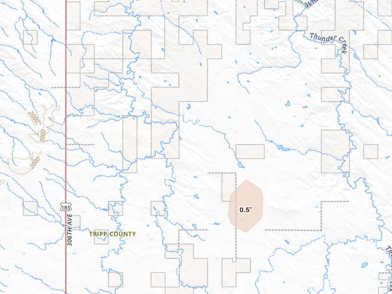 Radar-estimated hail-size map of the storm over Ideal, SD on Jul 30, 2026