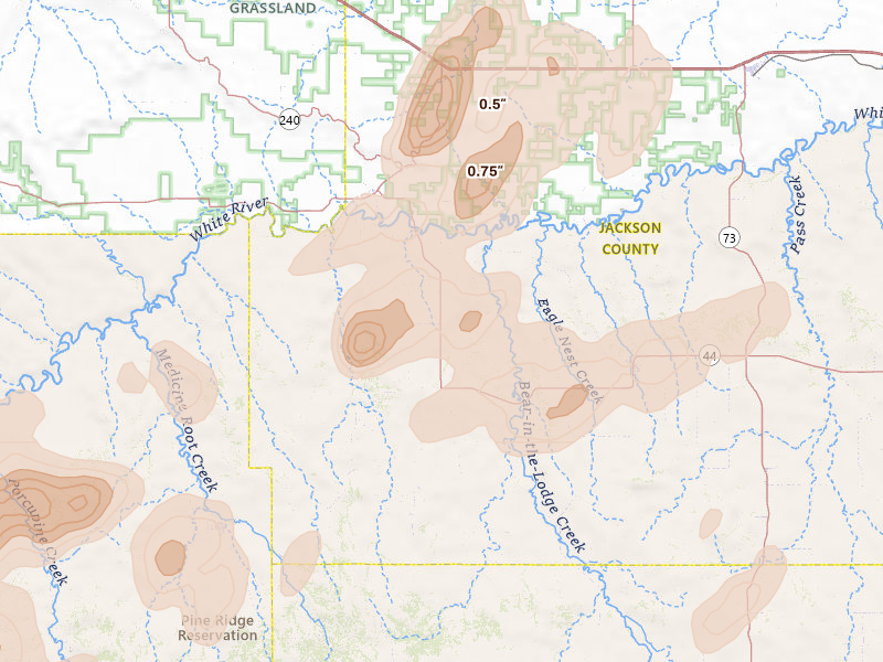 Radar-estimated hail-size map of the storm over Interior, SD on Jun 2, 2026