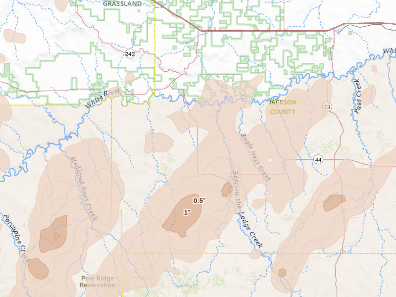 Radar-estimated hail-size map of the storm over Interior, SD on Jun 27, 2026