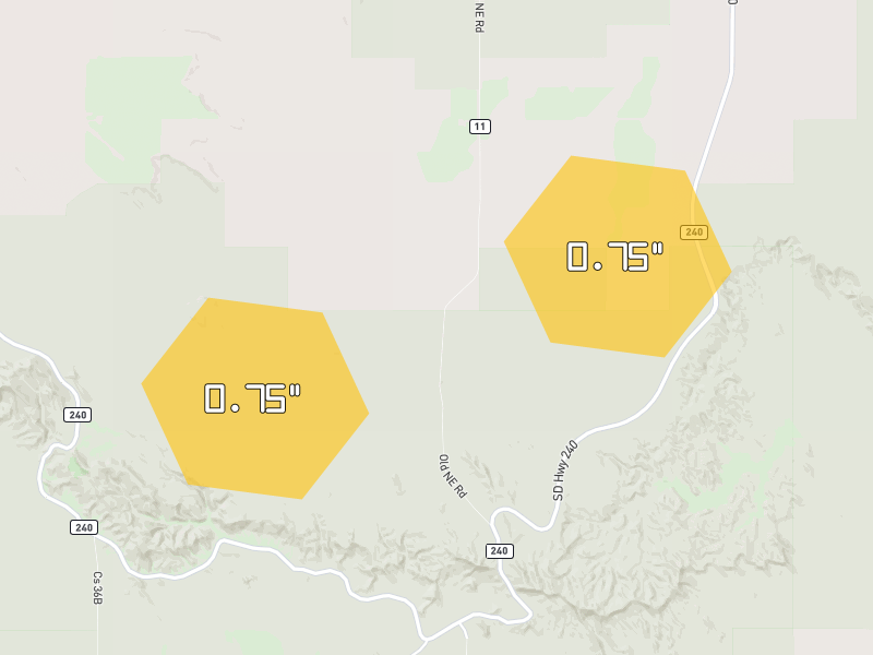 Hail map of Interior, SD on Jun 27, 2026, hail up to 0.75"