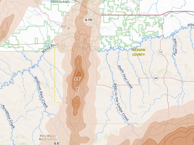 Radar-estimated hail-size map of the storm over Interior, SD on Jun 28, 2026