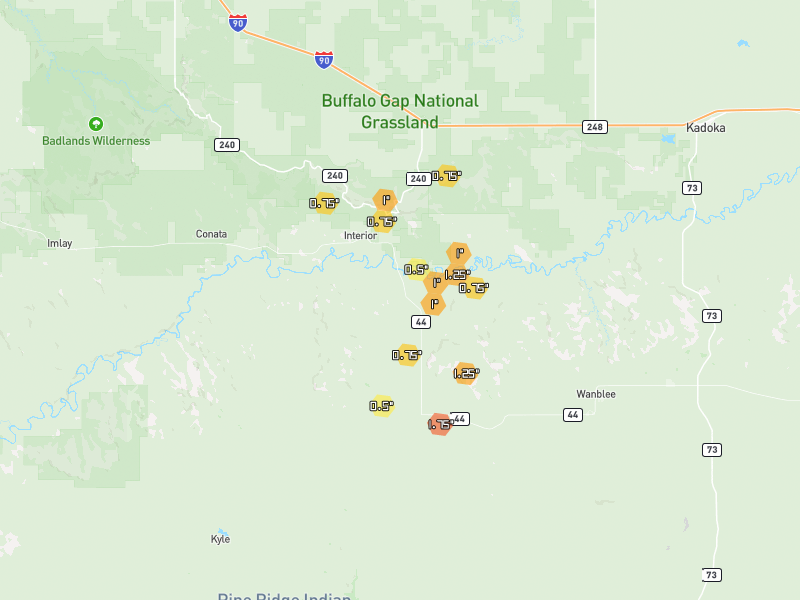 Hail map of Interior, SD on Jun 28, 2026, hail up to 1.25"