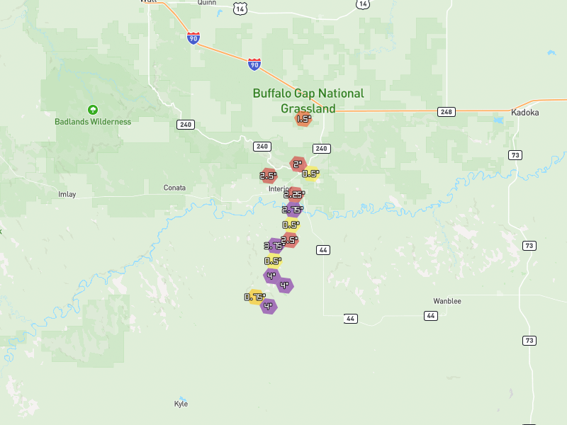 Hail map of Interior, SD on Jun 29, 2026, hail up to 4"