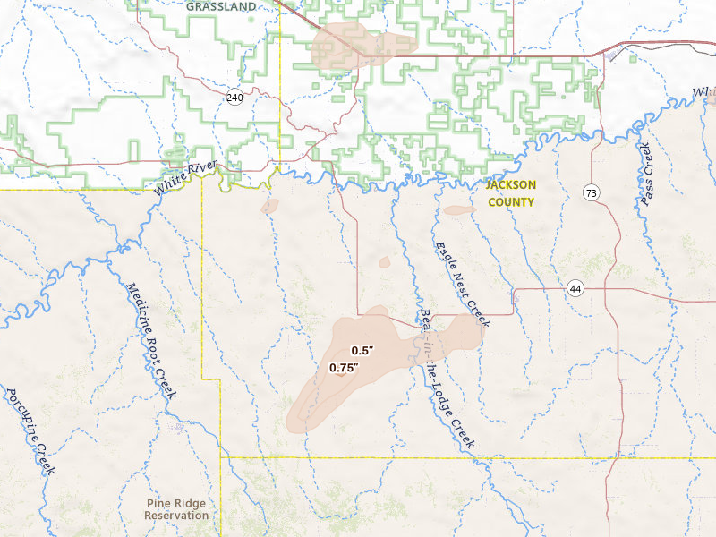 Radar-estimated hail-size map of the storm over Interior, SD on Jul 3, 2026
