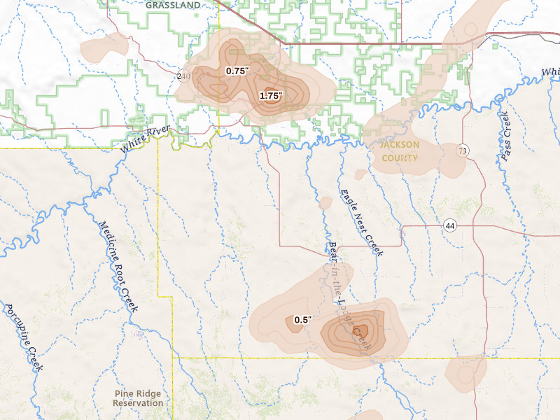 Radar-estimated hail-size map of the storm over Interior, SD on Jul 27, 2026