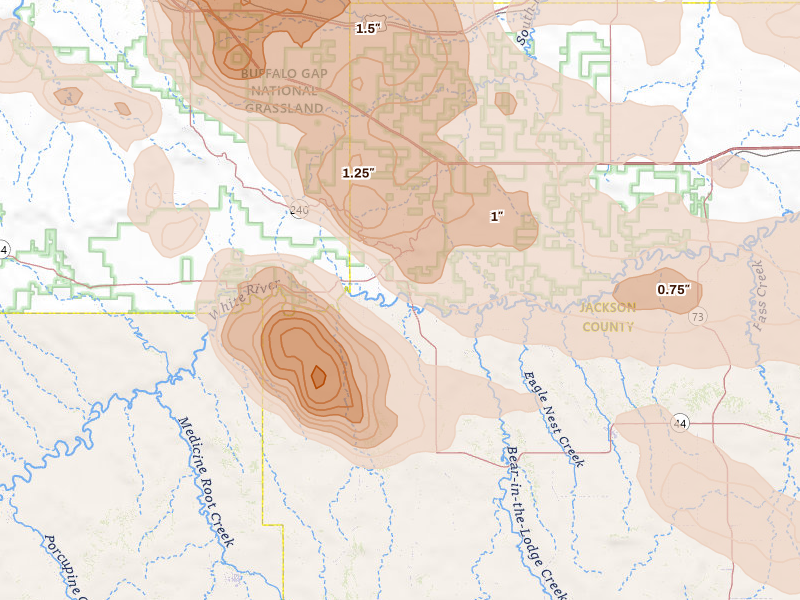 Radar-estimated hail-size map of the storm over Interior, SD on Aug 11, 2026