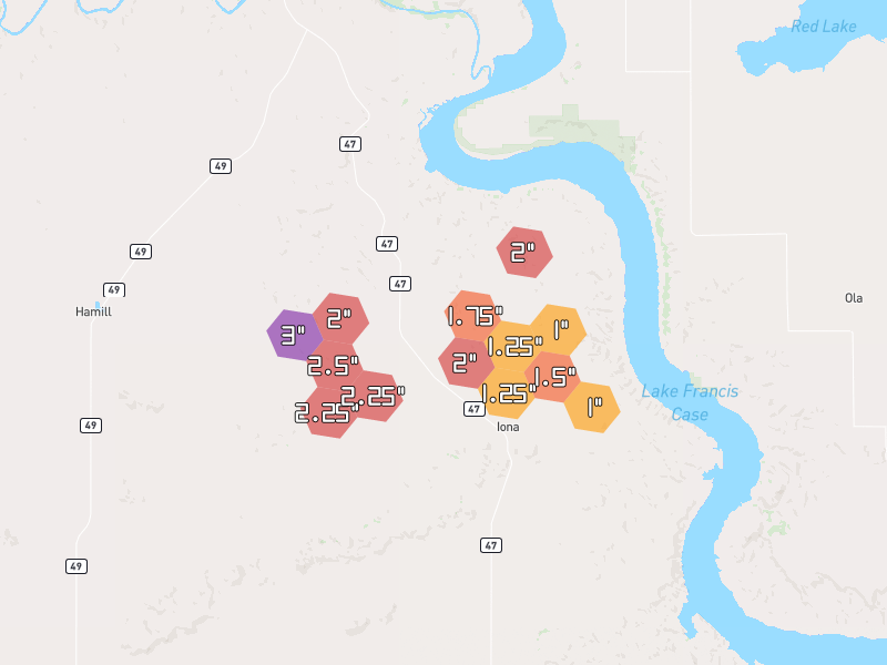 Hail map of Iona, SD on Jun 4, 2026, hail up to 3"