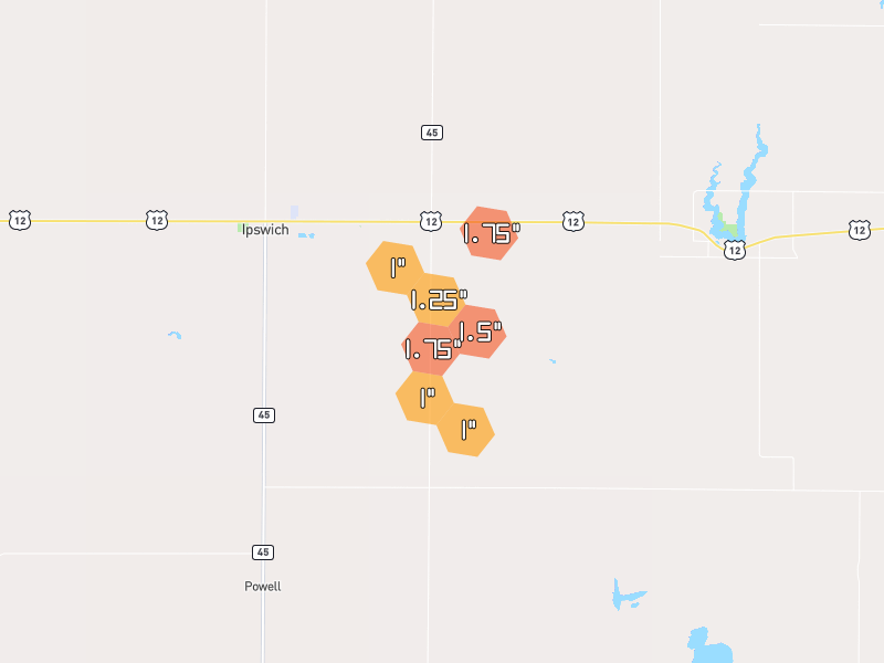 Hail map of Ipswich, SD on Jun 1, 2026, hail up to 1.75"