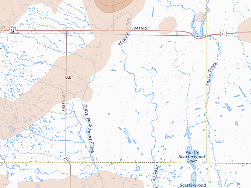 Radar-estimated hail-size map of the storm over Ipswich, SD on Jul 7, 2026