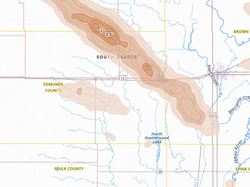 Radar-estimated hail-size map of the storm over Ipswich, SD on Aug 24, 2026
