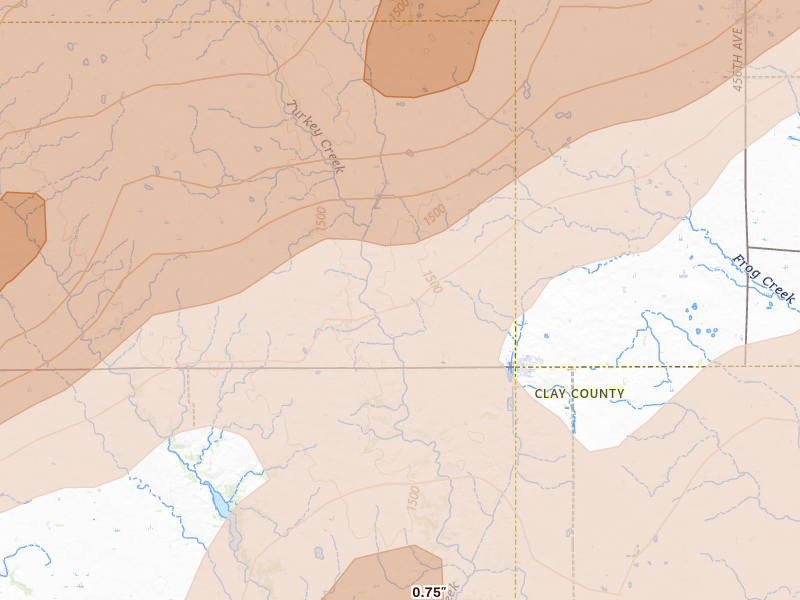 Radar-estimated hail-size map of the storm over Irene, SD on May 17, 2026