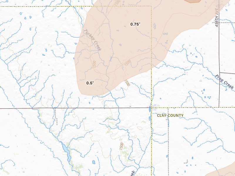 Radar-estimated hail-size map of the storm over Irene, SD on May 31, 2026