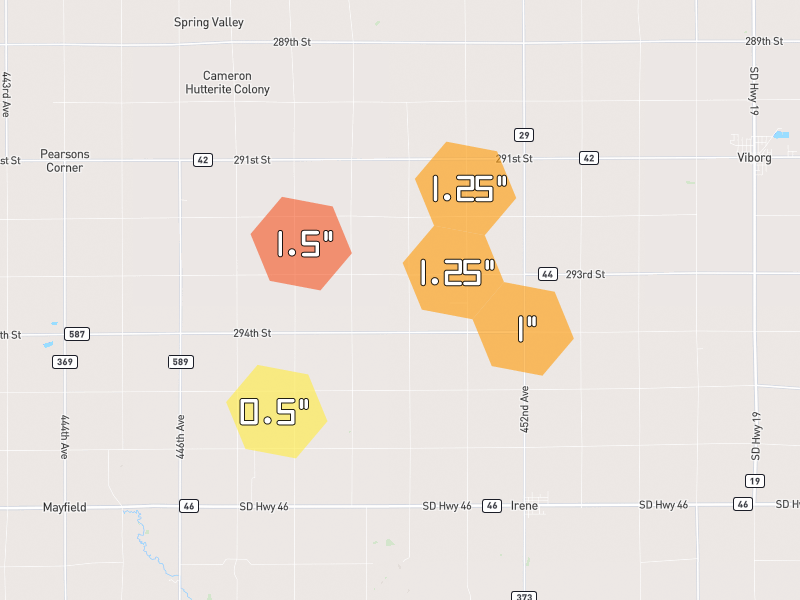 Hail map of Irene, SD on Jun 1, 2026, hail up to 1.5"