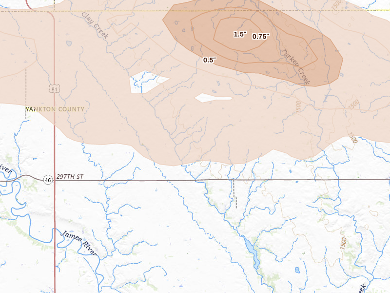 Radar-estimated hail-size map of the storm over Irene, SD on Aug 10, 2026