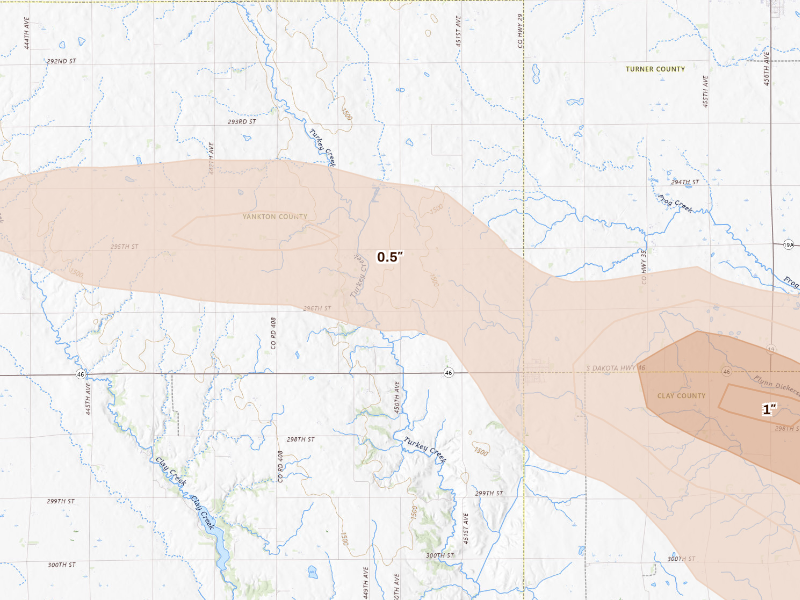 Radar-estimated hail-size map of the storm over Irene, SD