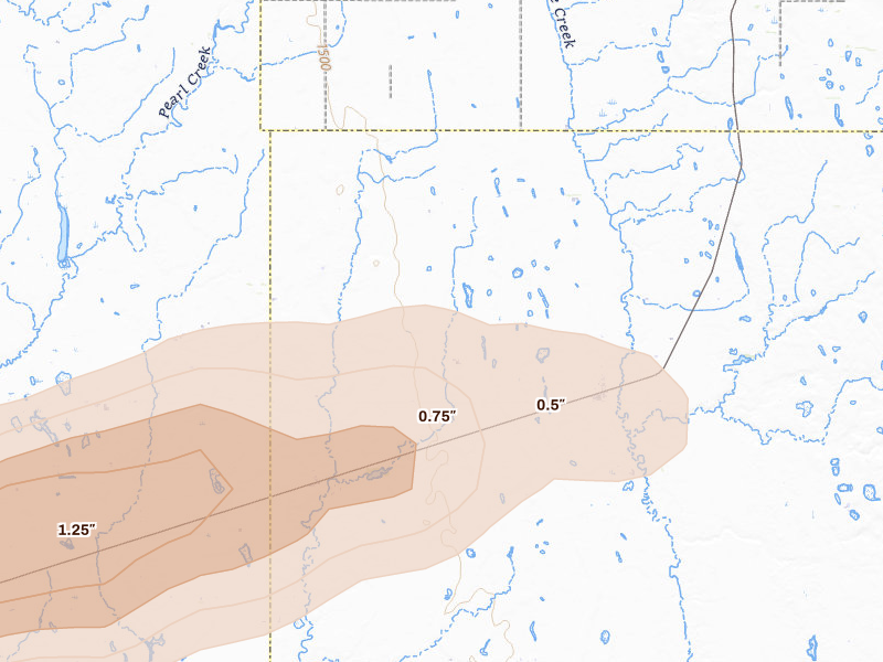 Radar-estimated hail-size map of the storm over Iroquois, SD on Jun 4, 2026