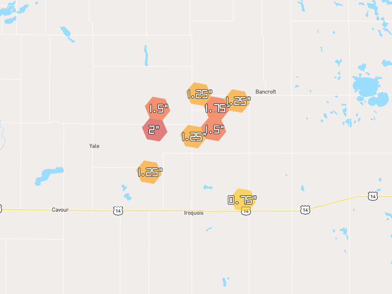 Hail map of Iroquois, SD on Jun 4, 2026, hail up to 2"