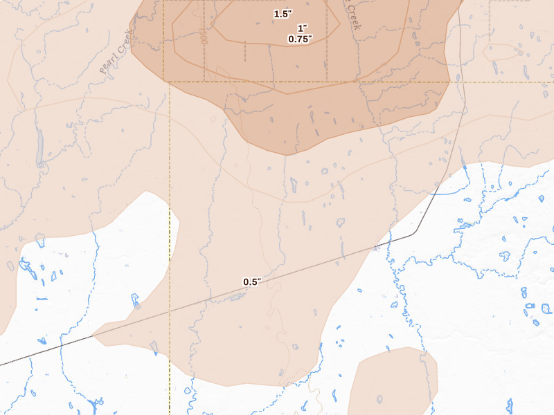 Radar-estimated hail-size map of the storm over Iroquois, SD on Jul 2, 2026