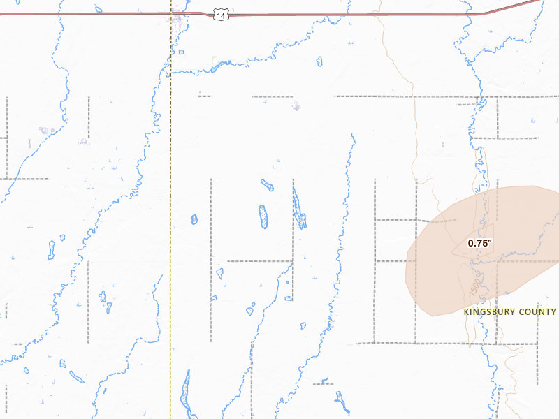 Radar-estimated hail-size map of the storm over Iroquois, SD on Jul 25, 2026