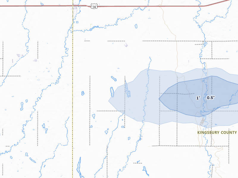 NEXRAD radar-signature map of the hail storm over Iroquois, SD on Jul 25, 2026